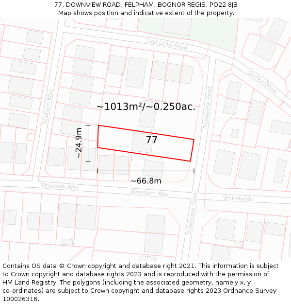 77, DOWNVIEW ROAD, FELPHAM, BOGNOR REGIS, PO22 8JB: Plot and title map