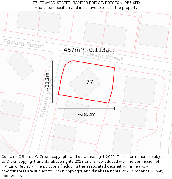 77, EDWARD STREET, BAMBER BRIDGE, PRESTON, PR5 6FD: Plot and title map