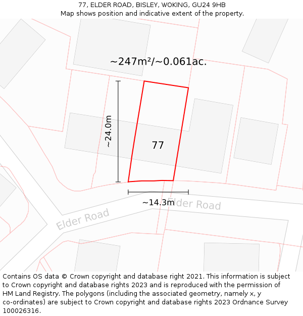 77, ELDER ROAD, BISLEY, WOKING, GU24 9HB: Plot and title map