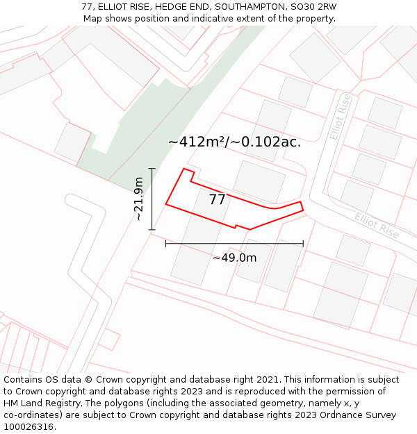 77, ELLIOT RISE, HEDGE END, SOUTHAMPTON, SO30 2RW: Plot and title map