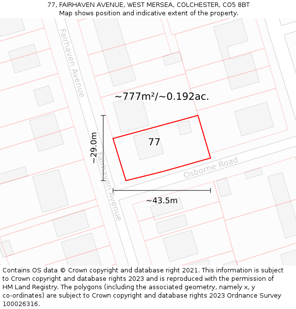 77, FAIRHAVEN AVENUE, WEST MERSEA, COLCHESTER, CO5 8BT: Plot and title map