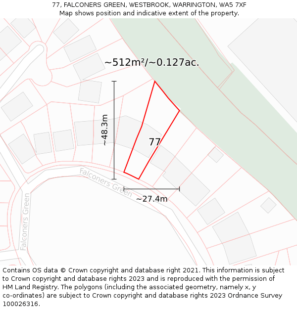 77, FALCONERS GREEN, WESTBROOK, WARRINGTON, WA5 7XF: Plot and title map