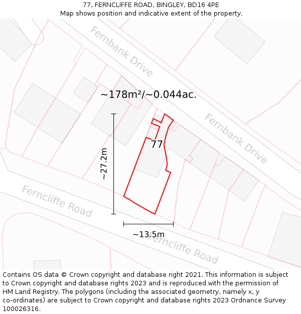 77, FERNCLIFFE ROAD, BINGLEY, BD16 4PE: Plot and title map