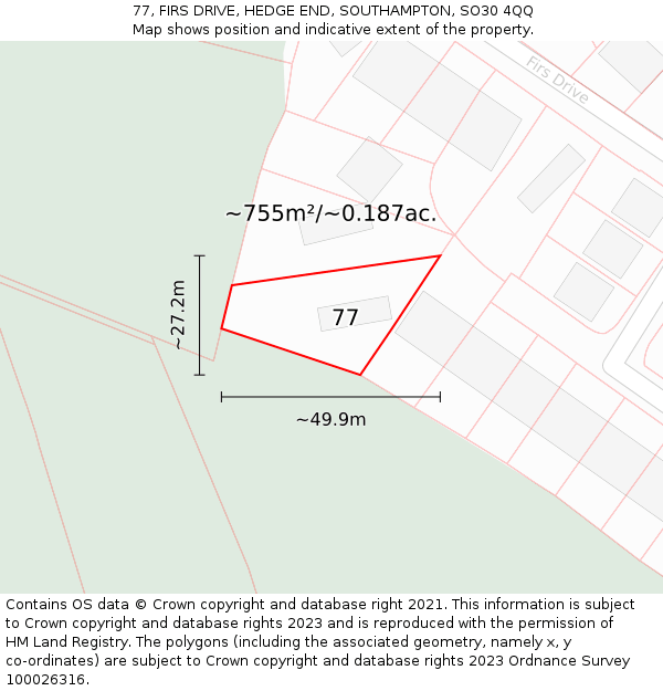 77, FIRS DRIVE, HEDGE END, SOUTHAMPTON, SO30 4QQ: Plot and title map