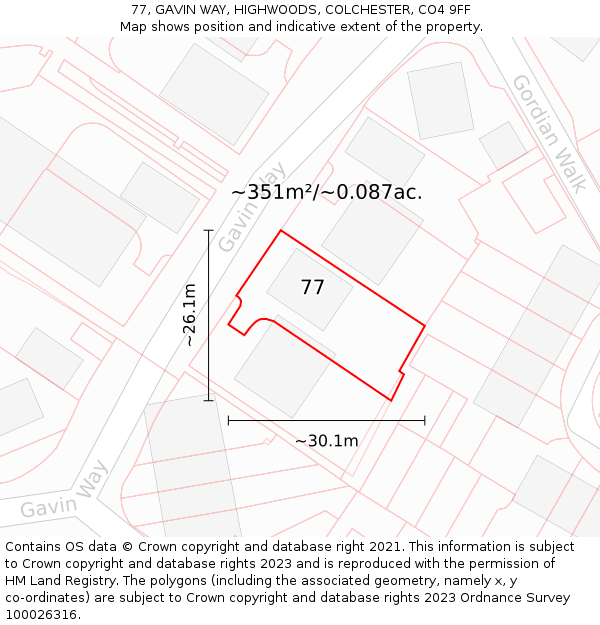 77, GAVIN WAY, HIGHWOODS, COLCHESTER, CO4 9FF: Plot and title map
