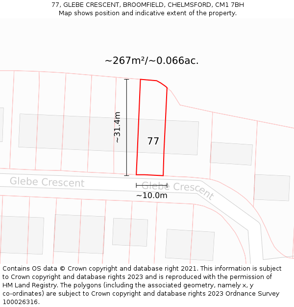 77, GLEBE CRESCENT, BROOMFIELD, CHELMSFORD, CM1 7BH: Plot and title map