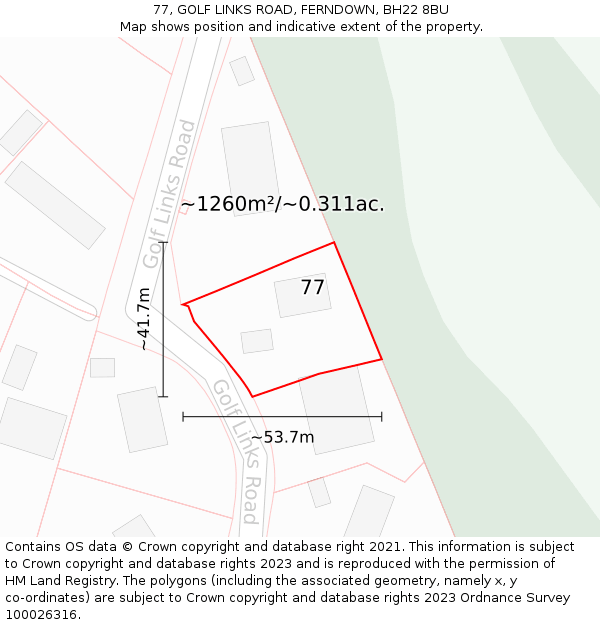 77, GOLF LINKS ROAD, FERNDOWN, BH22 8BU: Plot and title map