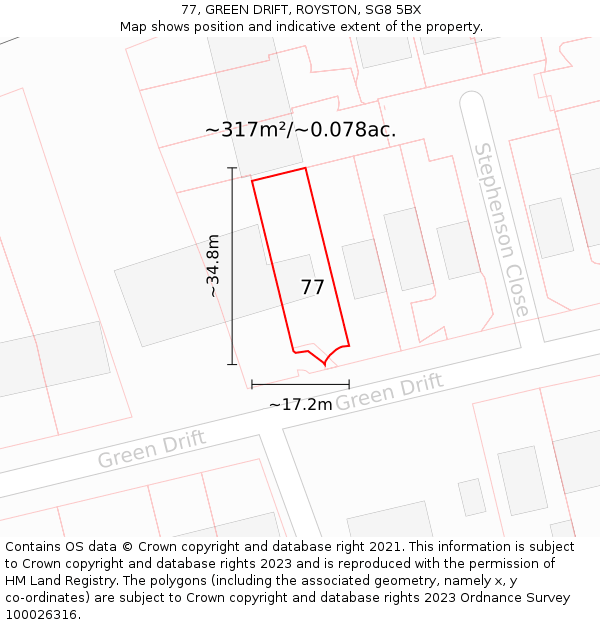 77, GREEN DRIFT, ROYSTON, SG8 5BX: Plot and title map