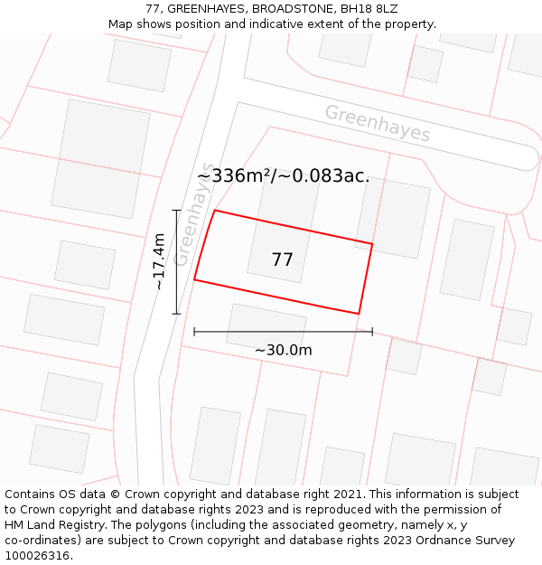 77, GREENHAYES, BROADSTONE, BH18 8LZ: Plot and title map