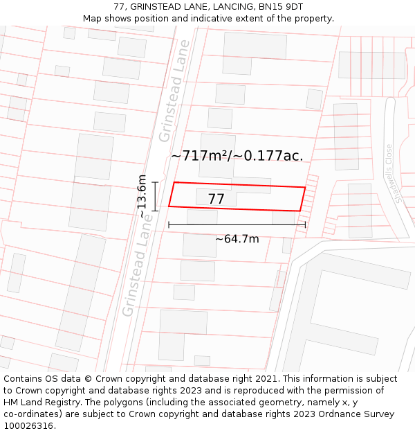 77, GRINSTEAD LANE, LANCING, BN15 9DT: Plot and title map