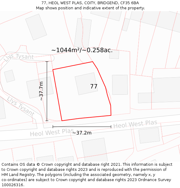 77, HEOL WEST PLAS, COITY, BRIDGEND, CF35 6BA: Plot and title map