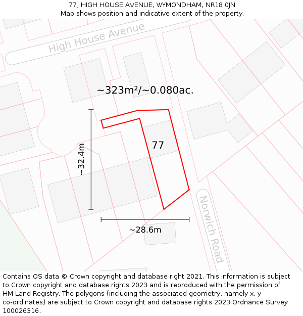 77, HIGH HOUSE AVENUE, WYMONDHAM, NR18 0JN: Plot and title map