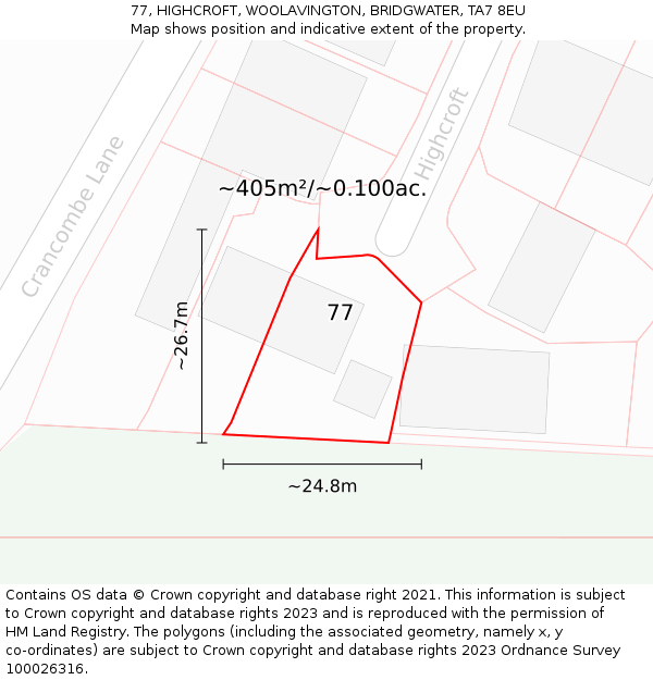 77, HIGHCROFT, WOOLAVINGTON, BRIDGWATER, TA7 8EU: Plot and title map