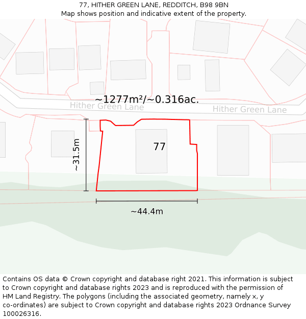 77, HITHER GREEN LANE, REDDITCH, B98 9BN: Plot and title map