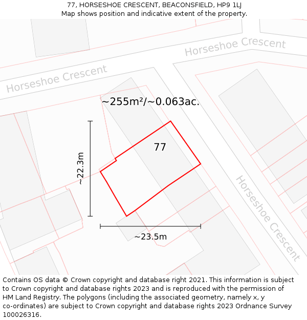 77, HORSESHOE CRESCENT, BEACONSFIELD, HP9 1LJ: Plot and title map