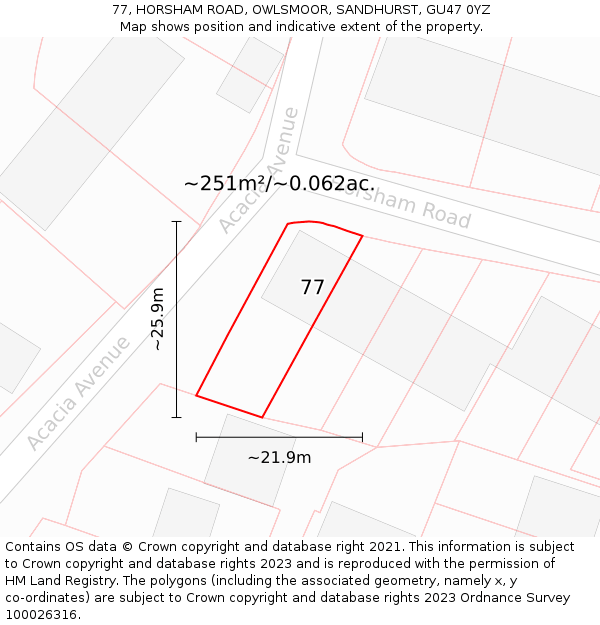 77, HORSHAM ROAD, OWLSMOOR, SANDHURST, GU47 0YZ: Plot and title map