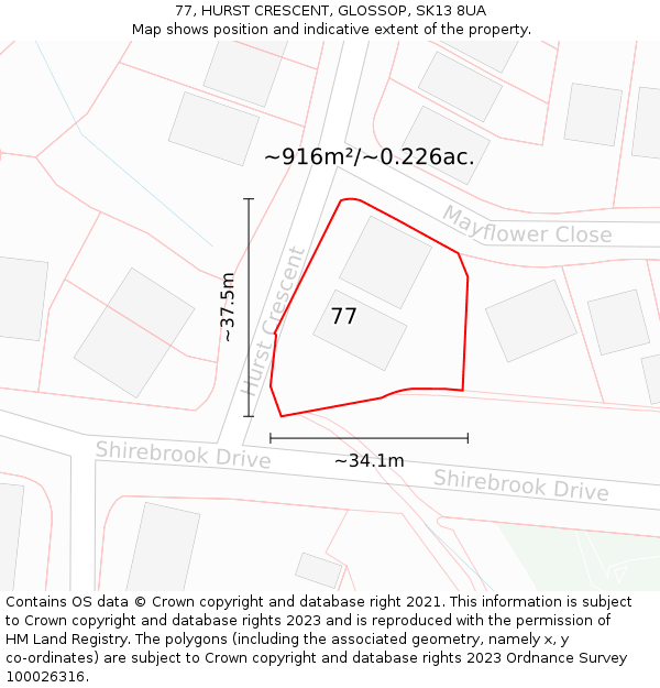 77, HURST CRESCENT, GLOSSOP, SK13 8UA: Plot and title map