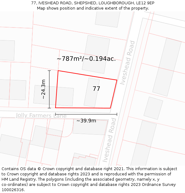 77, IVESHEAD ROAD, SHEPSHED, LOUGHBOROUGH, LE12 9EP: Plot and title map