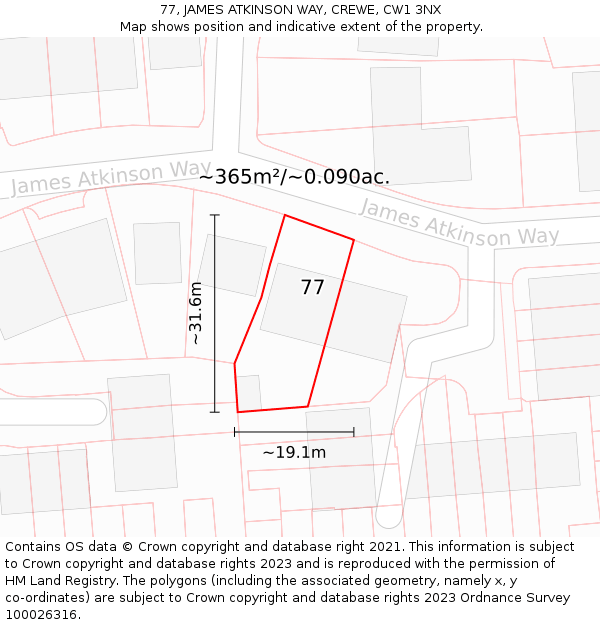 77, JAMES ATKINSON WAY, CREWE, CW1 3NX: Plot and title map
