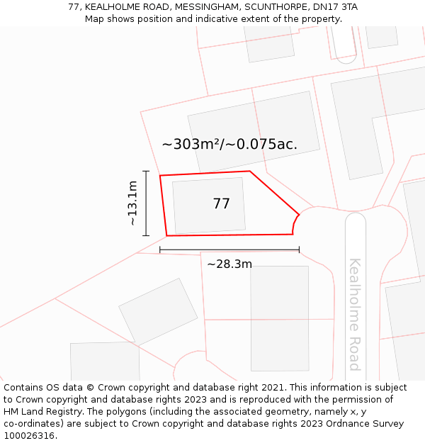 77, KEALHOLME ROAD, MESSINGHAM, SCUNTHORPE, DN17 3TA: Plot and title map