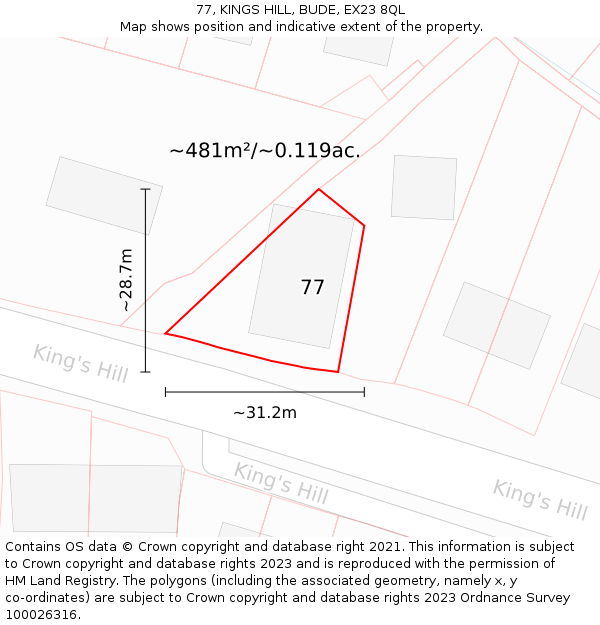 77, KINGS HILL, BUDE, EX23 8QL: Plot and title map