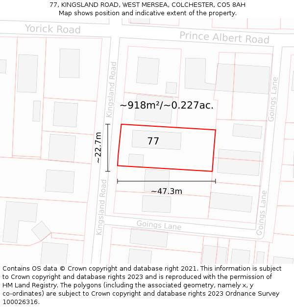 77, KINGSLAND ROAD, WEST MERSEA, COLCHESTER, CO5 8AH: Plot and title map