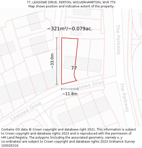 77, LEASOWE DRIVE, PERTON, WOLVERHAMPTON, WV6 7TX: Plot and title map