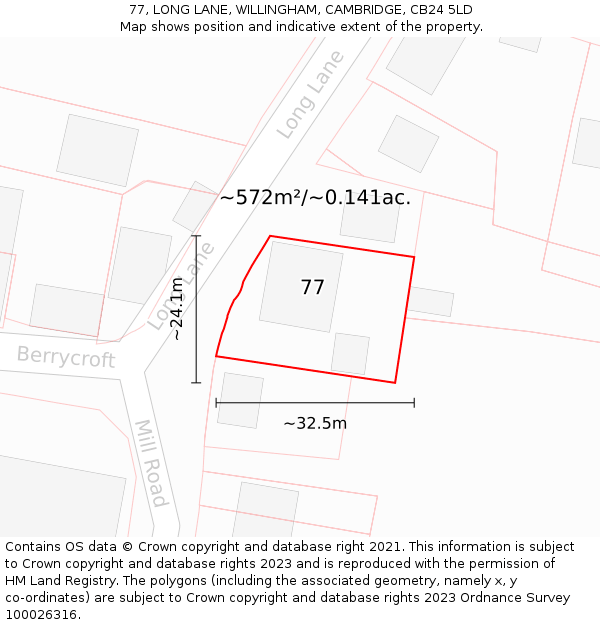 77, LONG LANE, WILLINGHAM, CAMBRIDGE, CB24 5LD: Plot and title map
