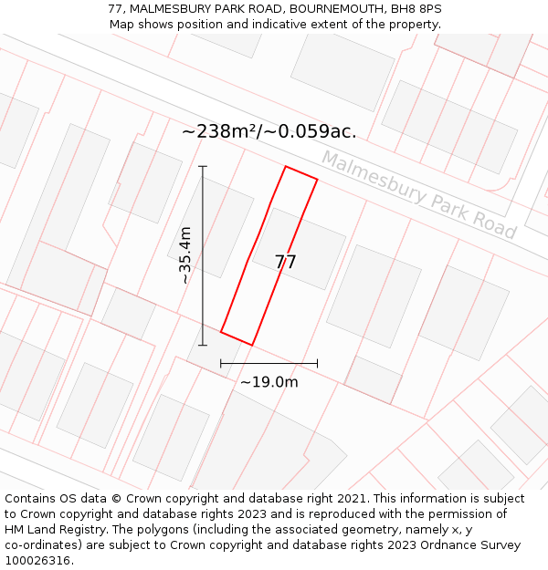 77, MALMESBURY PARK ROAD, BOURNEMOUTH, BH8 8PS: Plot and title map
