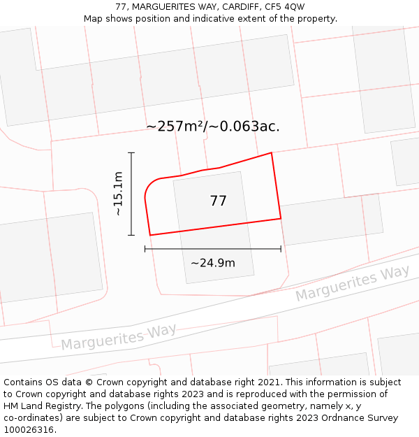 77, MARGUERITES WAY, CARDIFF, CF5 4QW: Plot and title map