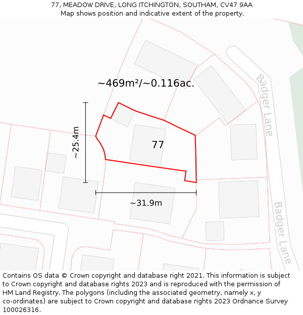 77, MEADOW DRIVE, LONG ITCHINGTON, SOUTHAM, CV47 9AA: Plot and title map