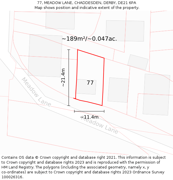77, MEADOW LANE, CHADDESDEN, DERBY, DE21 6PA: Plot and title map