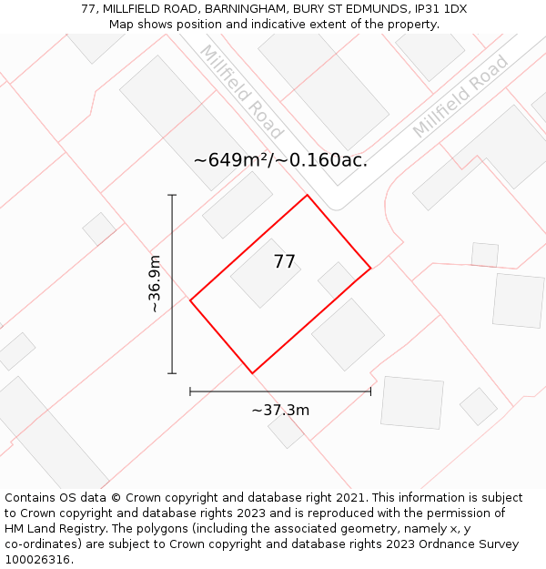 77, MILLFIELD ROAD, BARNINGHAM, BURY ST EDMUNDS, IP31 1DX: Plot and title map