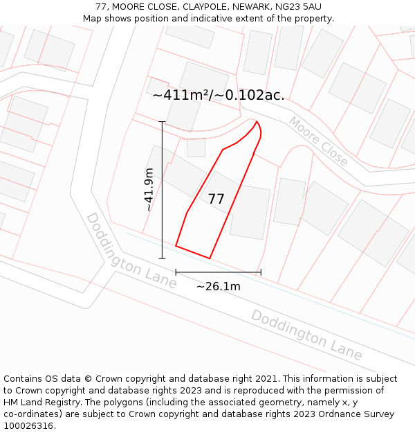 77, MOORE CLOSE, CLAYPOLE, NEWARK, NG23 5AU: Plot and title map