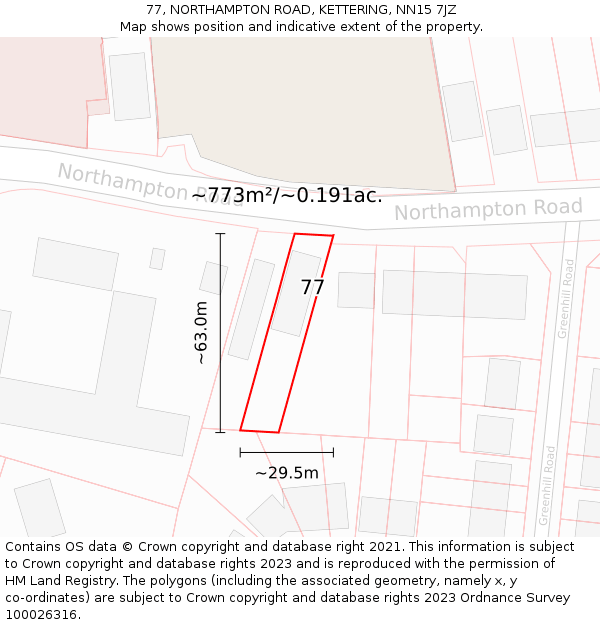 77, NORTHAMPTON ROAD, KETTERING, NN15 7JZ: Plot and title map