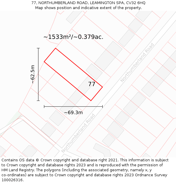 77, NORTHUMBERLAND ROAD, LEAMINGTON SPA, CV32 6HQ: Plot and title map