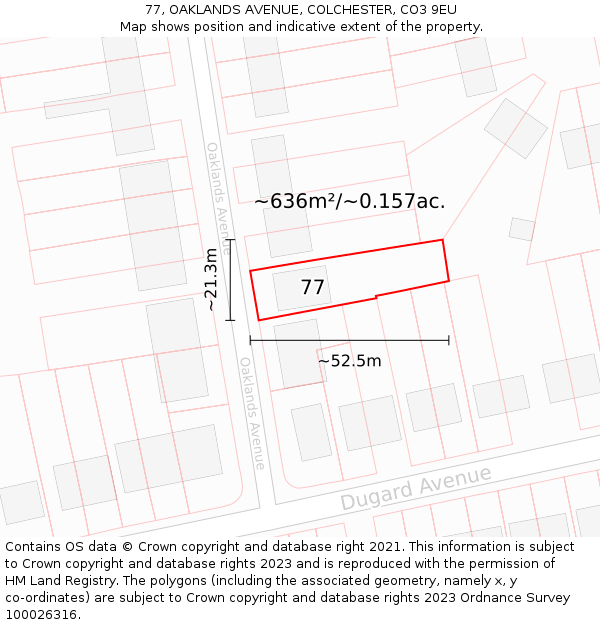 77, OAKLANDS AVENUE, COLCHESTER, CO3 9EU: Plot and title map