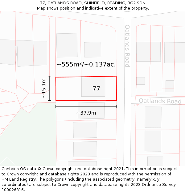 77, OATLANDS ROAD, SHINFIELD, READING, RG2 9DN: Plot and title map
