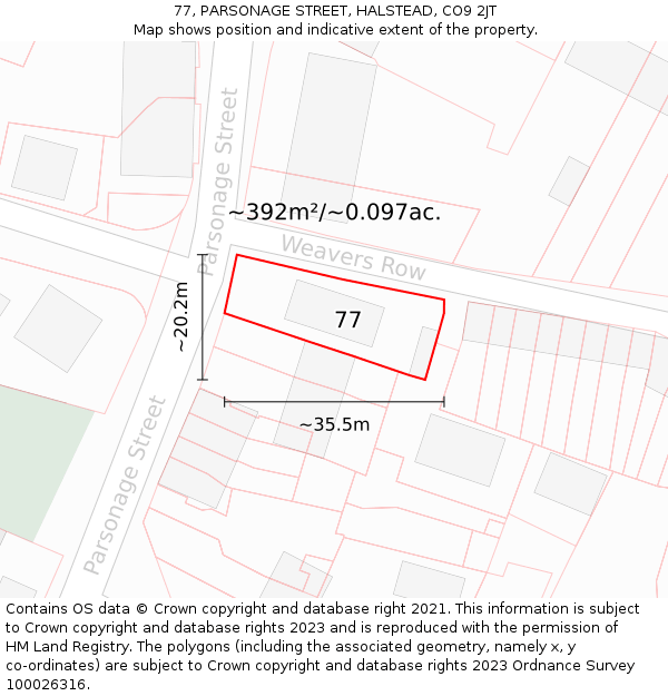 77, PARSONAGE STREET, HALSTEAD, CO9 2JT: Plot and title map