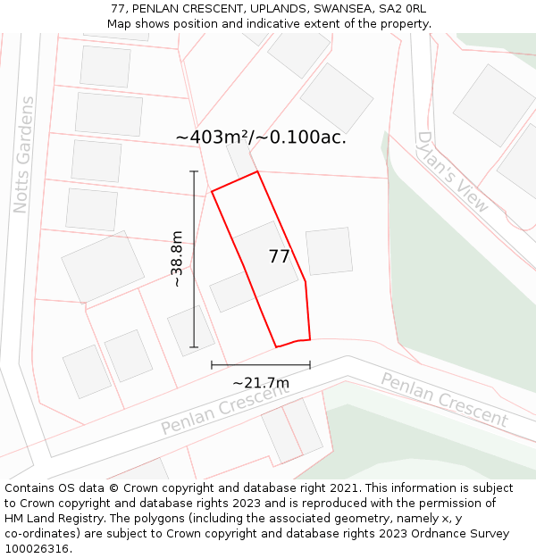 77, PENLAN CRESCENT, UPLANDS, SWANSEA, SA2 0RL: Plot and title map