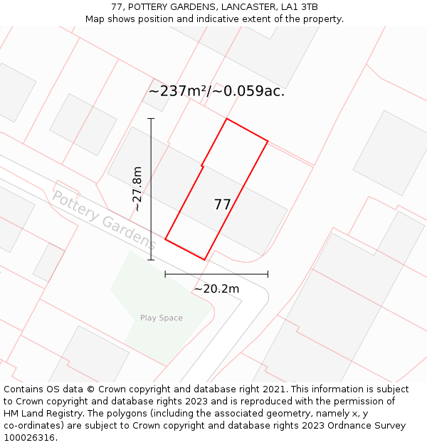 77, POTTERY GARDENS, LANCASTER, LA1 3TB: Plot and title map