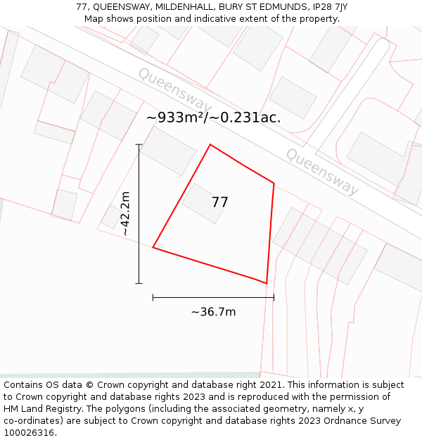 77, QUEENSWAY, MILDENHALL, BURY ST EDMUNDS, IP28 7JY: Plot and title map