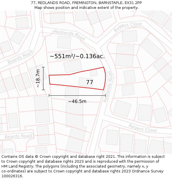 77, REDLANDS ROAD, FREMINGTON, BARNSTAPLE, EX31 2PP: Plot and title map