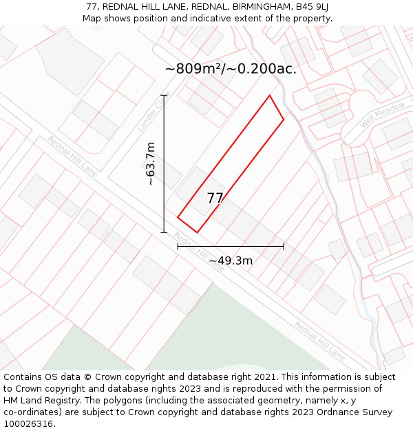 77, REDNAL HILL LANE, REDNAL, BIRMINGHAM, B45 9LJ: Plot and title map
