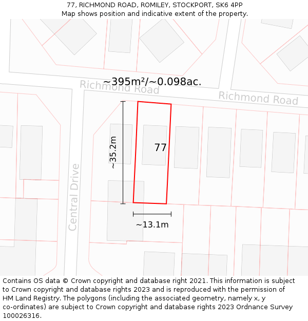 77, RICHMOND ROAD, ROMILEY, STOCKPORT, SK6 4PP: Plot and title map
