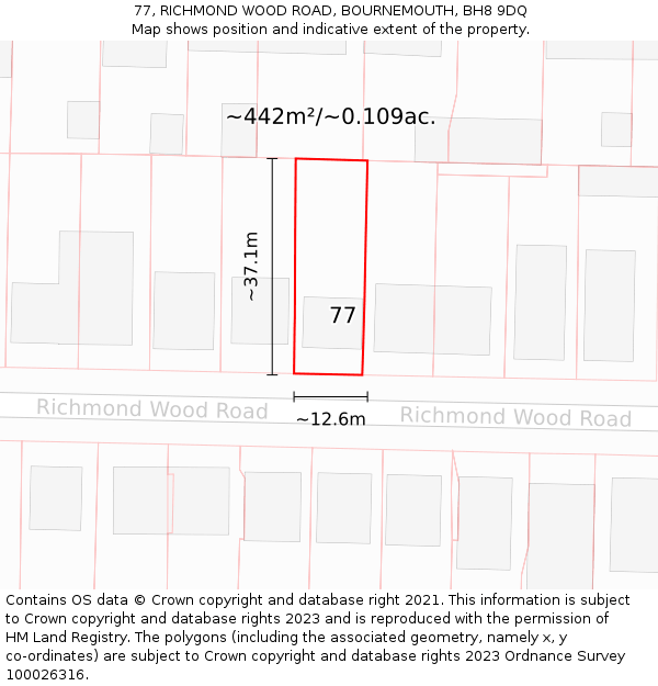 77, RICHMOND WOOD ROAD, BOURNEMOUTH, BH8 9DQ: Plot and title map