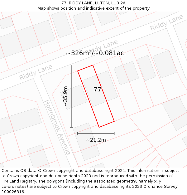 77, RIDDY LANE, LUTON, LU3 2AJ: Plot and title map