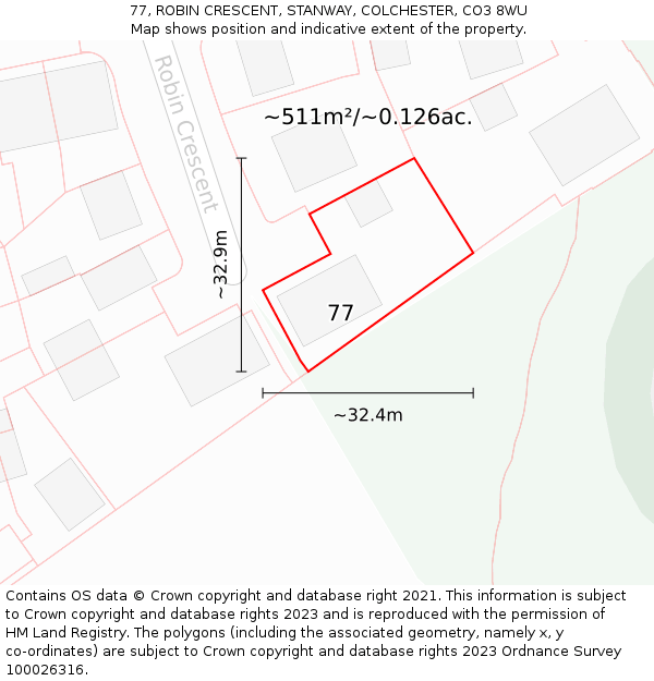 77, ROBIN CRESCENT, STANWAY, COLCHESTER, CO3 8WU: Plot and title map