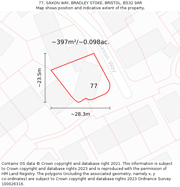 77, SAXON WAY, BRADLEY STOKE, BRISTOL, BS32 9AR: Plot and title map