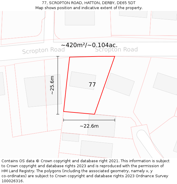 77, SCROPTON ROAD, HATTON, DERBY, DE65 5DT: Plot and title map